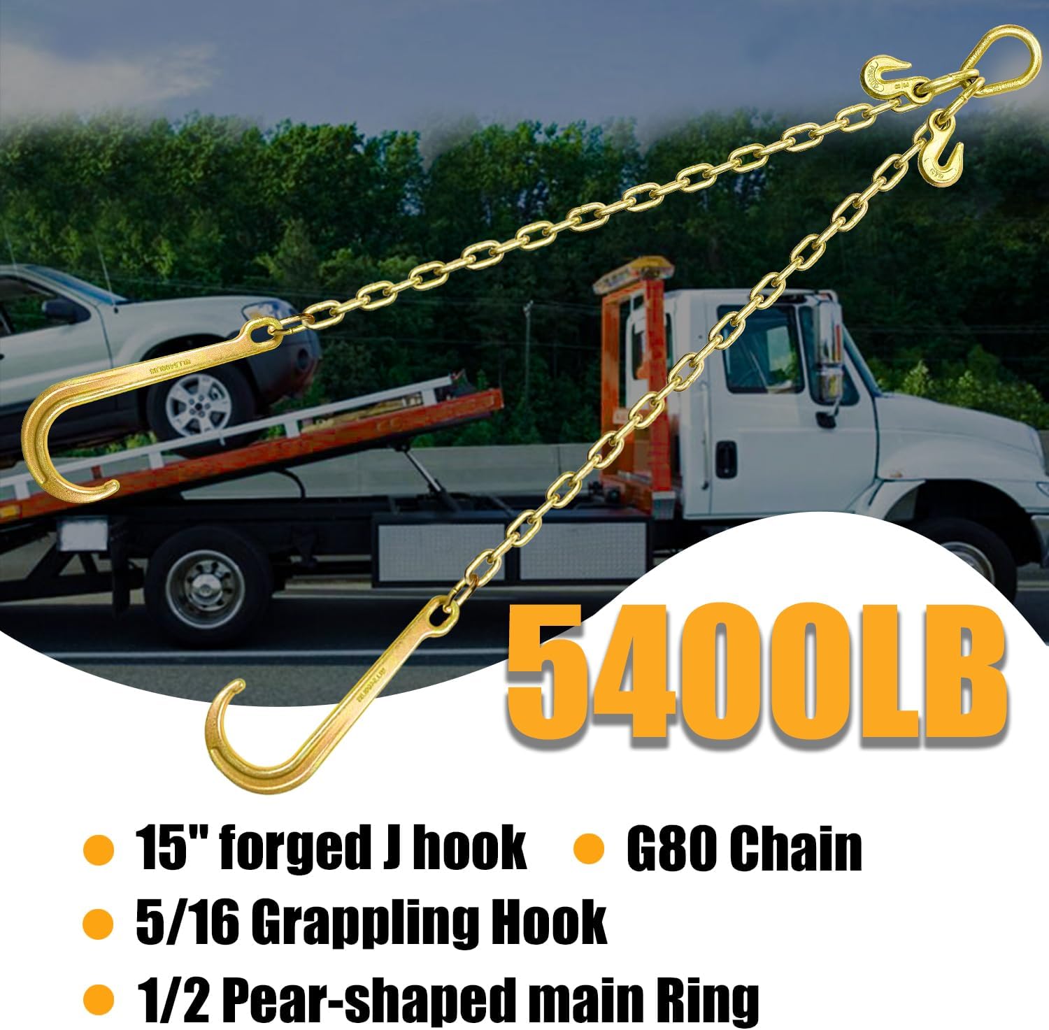Grade 80 Chain V-Bridle | 5/16In x 2Ft Towing Chains Bridle with J Hooks and Grab Hooks | Tow Chain 5,400LBS Safe Working Load | for Flatbed Truck Rollback Wrecker Carrier