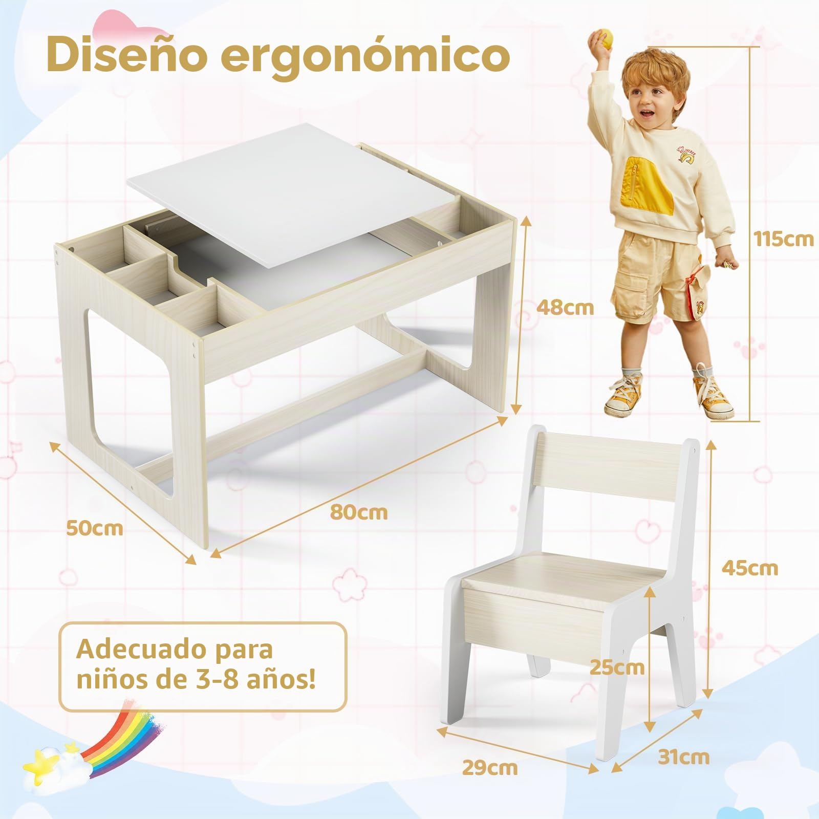 Mesa y Silla Infantil con Espacio de Almacenamiento, Mesa Infantil con 2 Sillas, Mesa Infantil con Sillas con Tablero Reversible, para Colegio, Guardería, para + 3 Años, Habitación Infantil (Blanco)