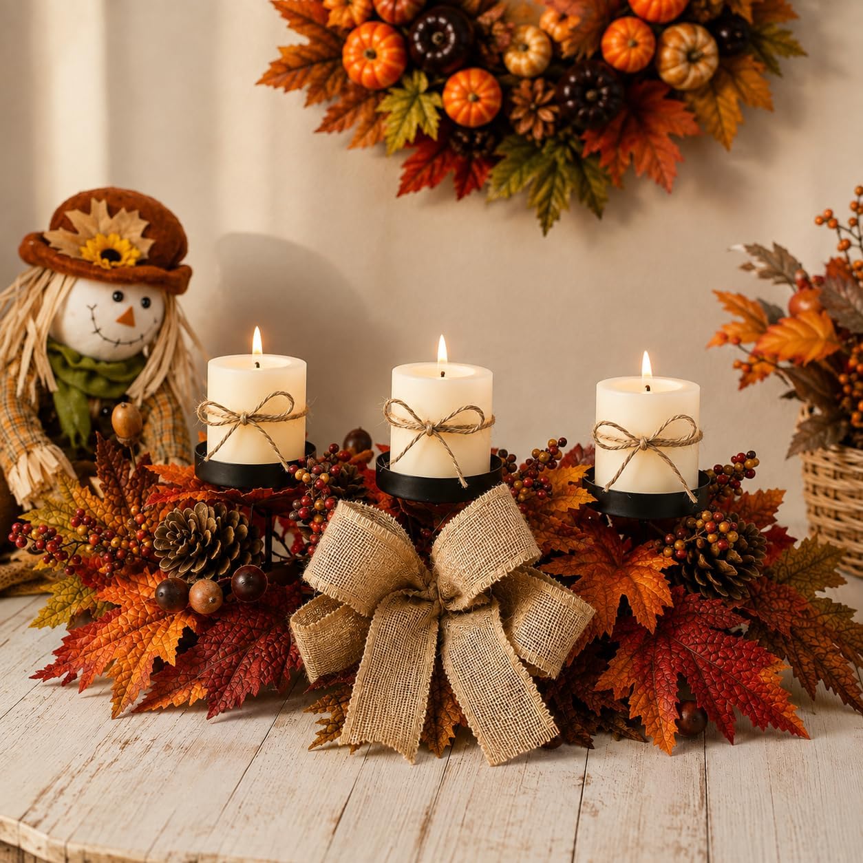 Fall Candle Holder Centerpiece with Maple Leaves, Pinecones, Berries & Burlap Bow,Thanksgiving Table Centerpiece Decoration for Dining Table, Mantel & Autumn Harvest Home Décor