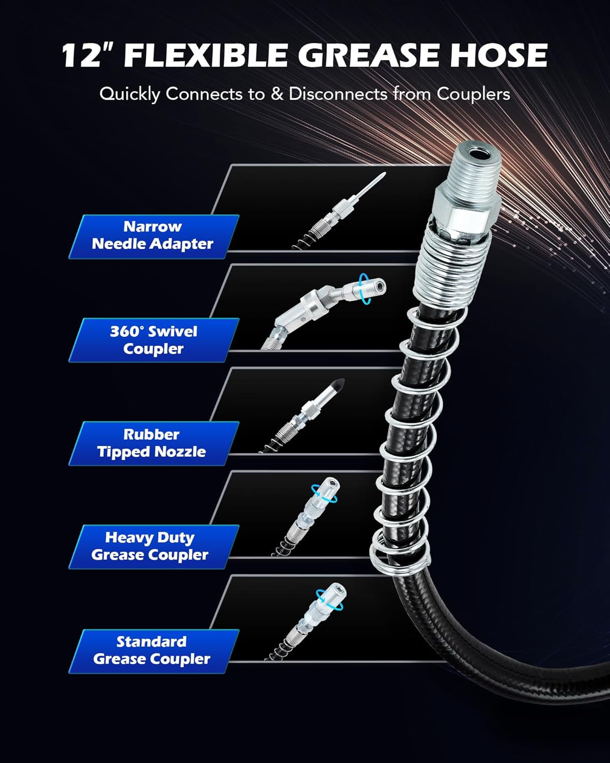 Orion Motor Tech Grease Gun Accessory Kit, 11 Piece Grease Gun Coupler Set for Hard to Reach Grease Fittings, Heavy Duty Lubrication Grease Zerk Fitting Adapters with Grease Gun Hose Holder