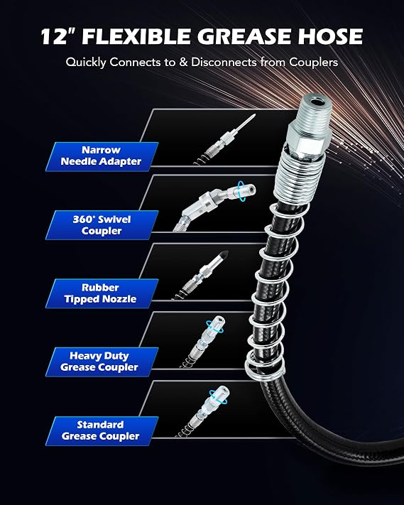 Orion Motor Tech Grease Gun Accessory Kit, 11 Piece Grease Gun Coupler Set for Hard to Reach Grease Fittings, Heavy Duty Lubrication Grease Zerk Fitting Adapters with Grease Gun Hose Holder