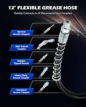 Orion Motor Tech Grease Gun Accessory Kit, 11 Piece Grease Gun Coupler Set for Hard to Reach Grease Fittings, Heavy Duty Lubrication Grease Zerk Fitting Adapters with Grease Gun Hose Holder