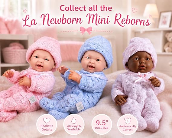 JC Toys - Mini La Newborn First Day | Anatomically Correct Real Boy Baby Doll | 9.5 All-Vinyl | Includes Knit Outfit, Hat and Pacifier | Designed by Berenguer | Ages 2+