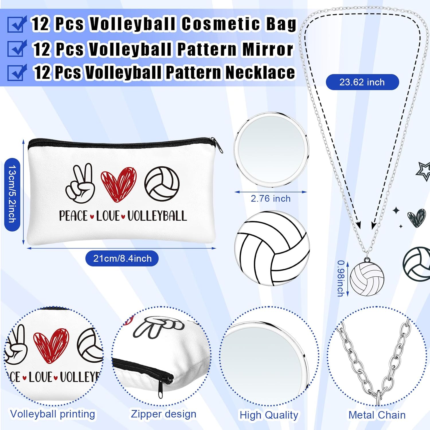 72 Pcs Volleyball Team Gifts Party Favors Include 12 Makeup Bags 12 Lip Balm 12 Lip Balm Holder 12 Necklace 12 Adjustable Bracelet 12 Mirrors for Volleyball Lovers Players Teen Girls Supplies