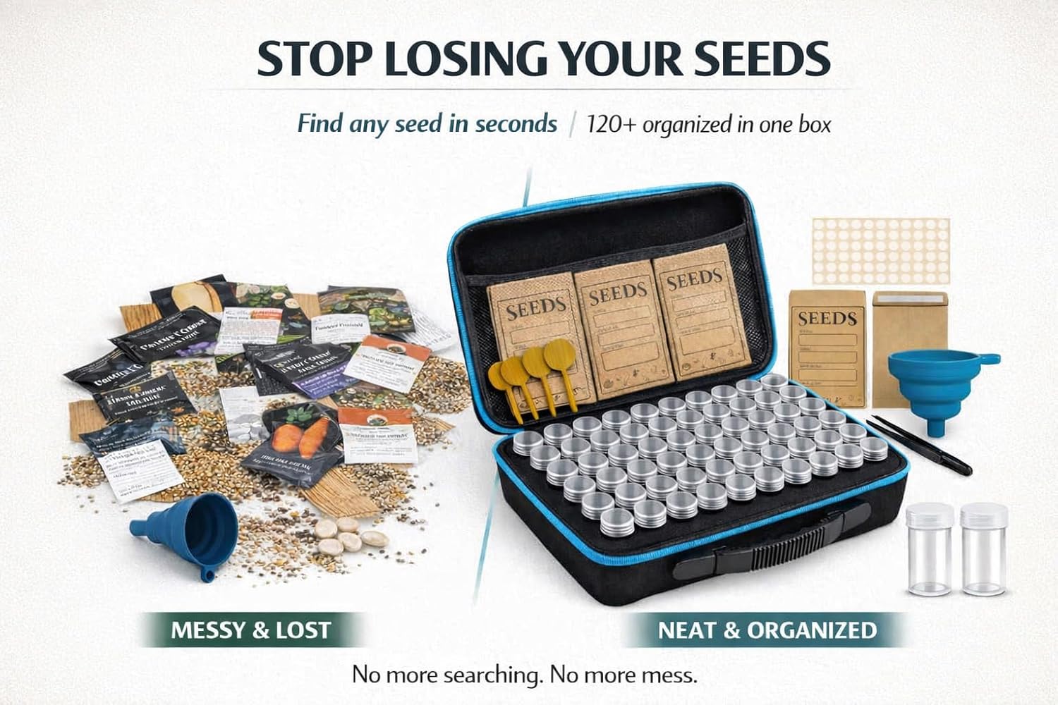 Seed Storage Organizer Box with 120 Containers, Zipper Bag, Seed Envelopes, Labels, Funnels & Tweezers – Seed Saver Storage Kit for Gardeners