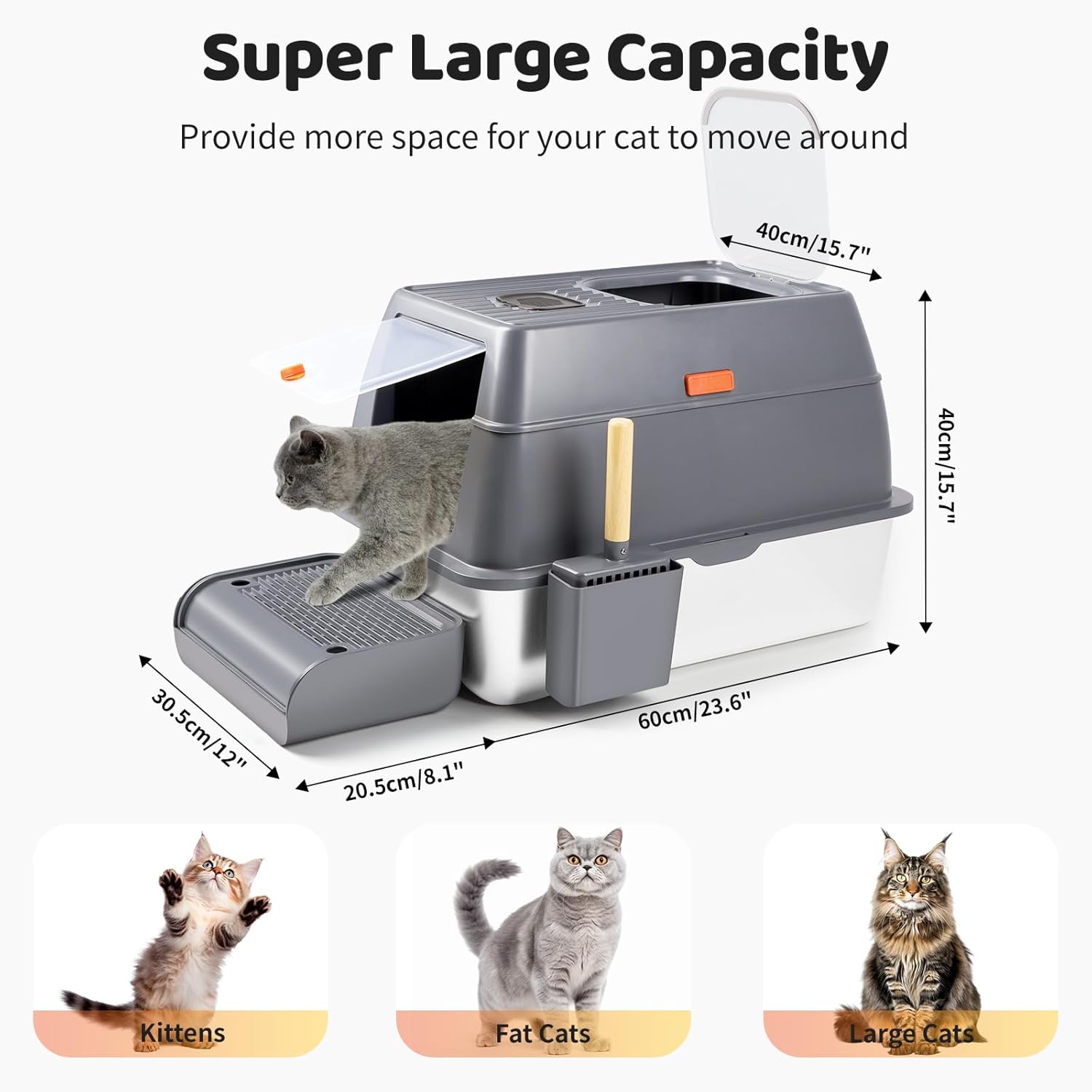 stainless steel litter box with lid, xxl 23.6"l x 15.7"w x 15.7"h enclosed high sided removable metal cat litter box with top entry, scoop, anti-leakage, non-sticky, easy cleaning (dark grey) dark gray: top entry