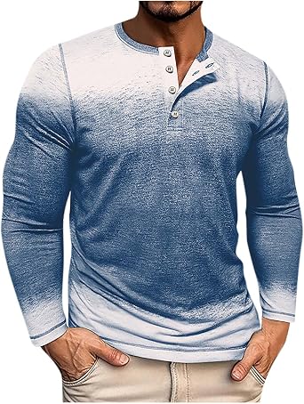Mens Big and Tall Shirts Vintage Gradient Long Sleeve Crew Neck Button Down Shirt Lightweight Regular Fit Tshirt