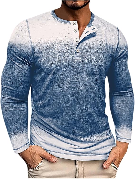 Mens Big and Tall Shirts Vintage Gradient Long Sleeve Crew Neck Button Down Shirt Lightweight Regular Fit Tshirt