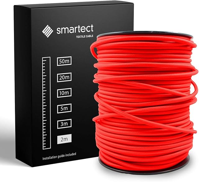 smartect Czerwony Kabel Tekstylny, 2 Metrów Kabel w Oplocie Elektryczny, 3 Żyłowy (3 x 0,75 mm²) Elektryczny Kabel w Oplocie Tekstylnym do Własnych Projektów DIY