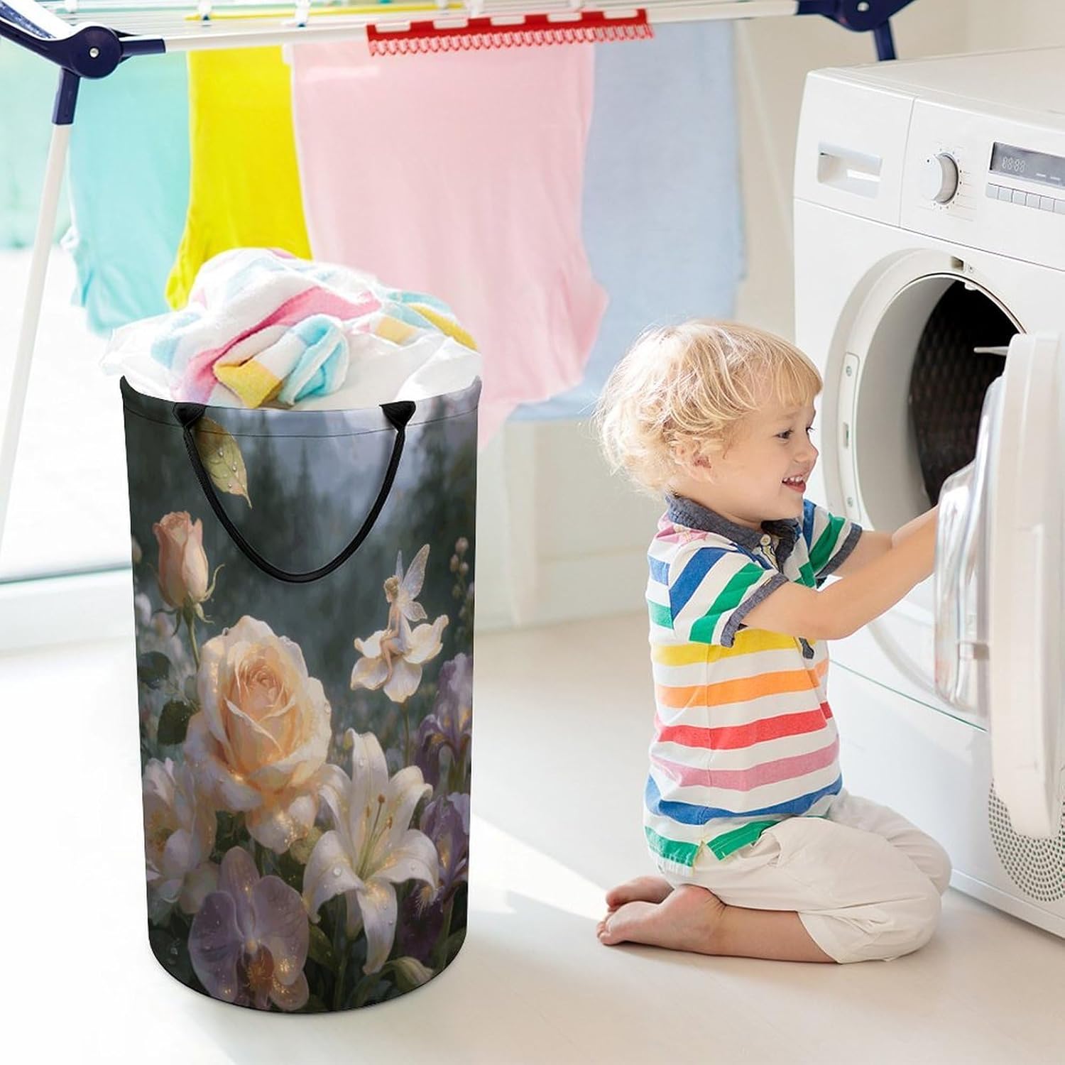 Floral Fantasy Laundry Hamper 86L Waterproof Collapsible Clothes Basket with Double Handles Freestanding Foldable Laundry Basket Large Clothes Hamper for Bathroom