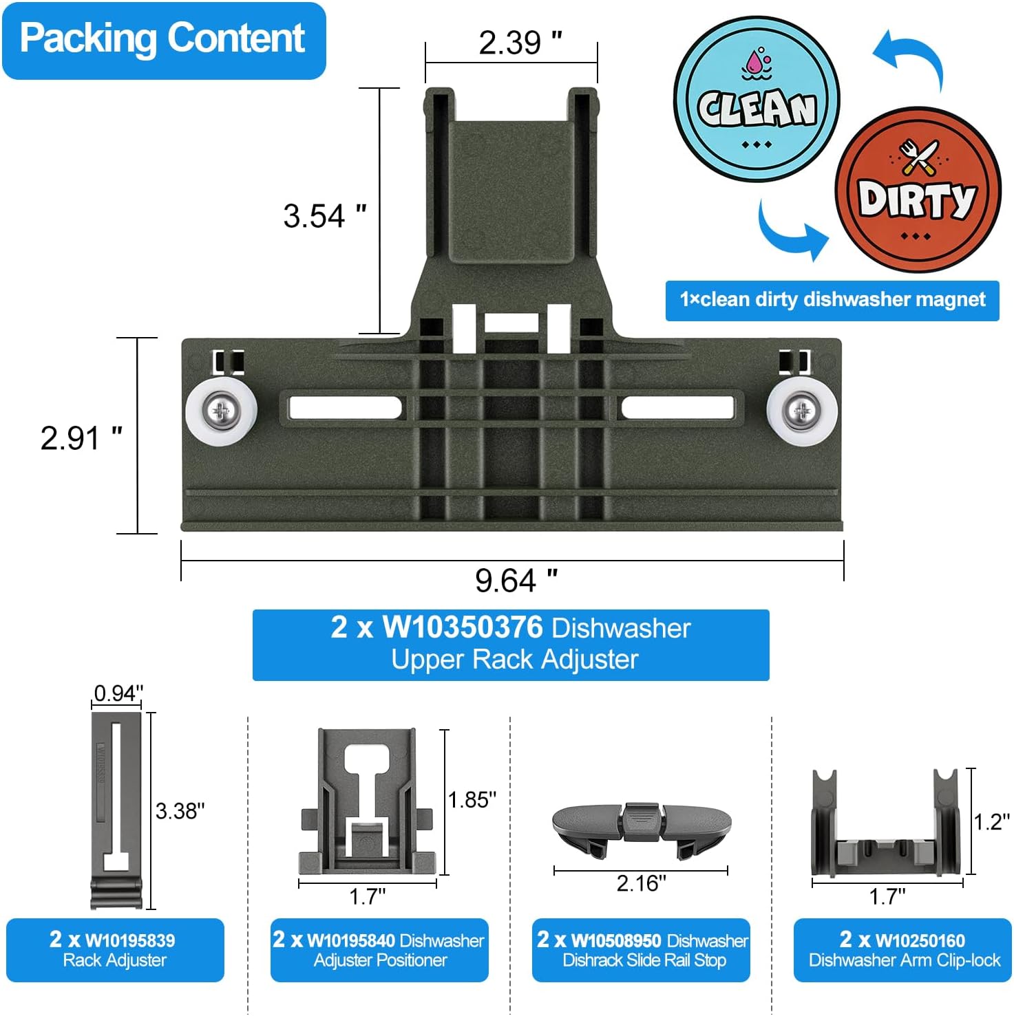 Upgraded W10350376 W10712394 Dishwasher Top Rack Parts for Kenmore/Kitchenaid Dishwasher parts Upper Rack,W10350374 W10195840 Dishwasher Rack Parts with Dishwasher Magnet Clean Dirty Sign(11 Packs)