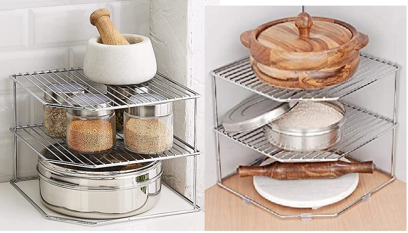 Cri8Hub Pack of 2pcs Multipurpose Stainless Steel 3Tier Storage Rack