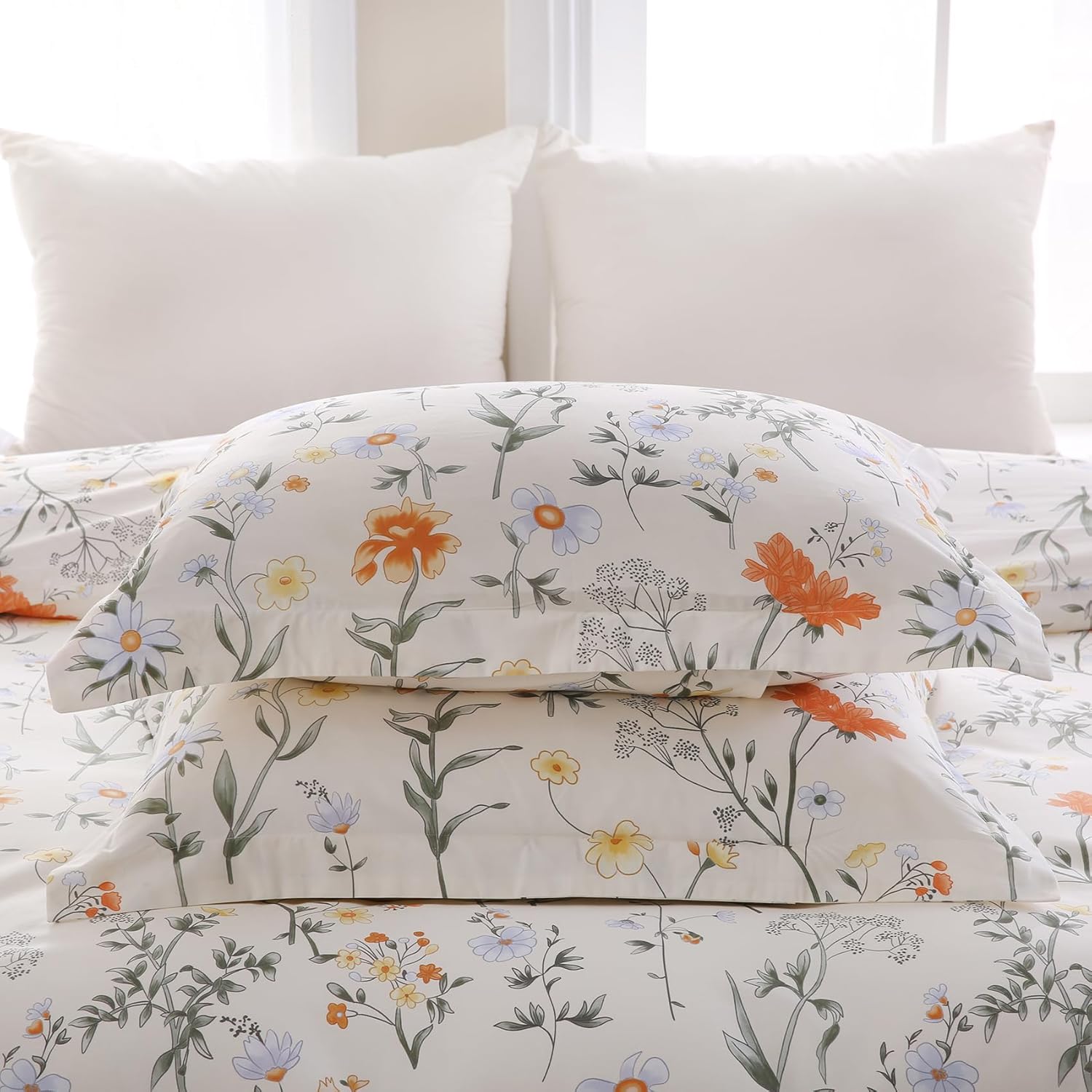 100% Cotton Duvet Cover Queen Size, Floral Reversible Duvet Cover Set with Zipper Closure, Soft 3 Pieces Bedding Set with 2 Pillow Shams (20"x26")