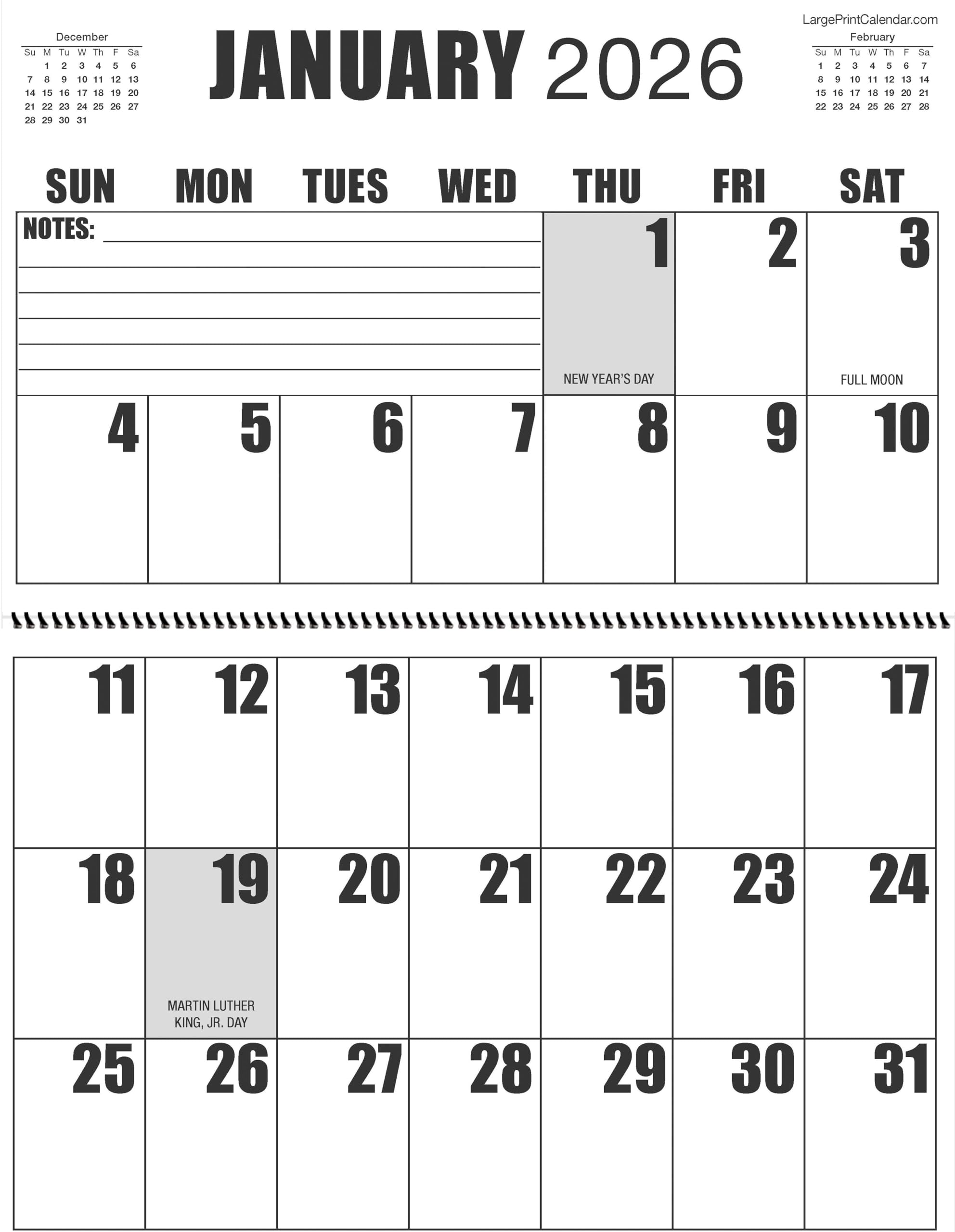 Jumbo Large Print | 2026 | Wall Calendar | 13-months - January 2026 to January 2027 | it measures 17" wide x 22" in length when open.