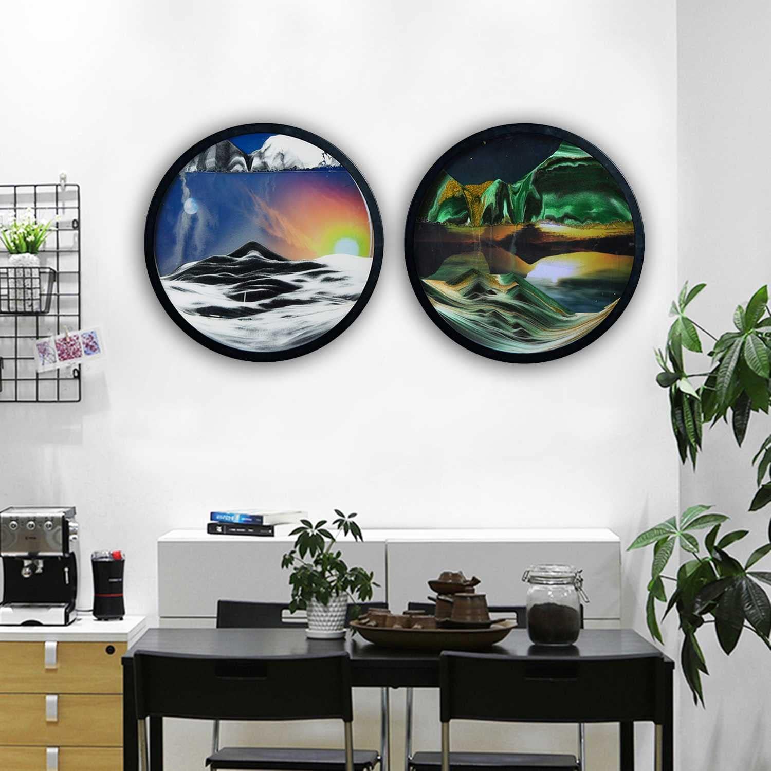 KRIDDR Moving Sand Art Pictures Set of 2 Round Glass 3D Moving Deep Sea Sand Landscape for Kids Adults Relax Toys Home Office Desk Decor