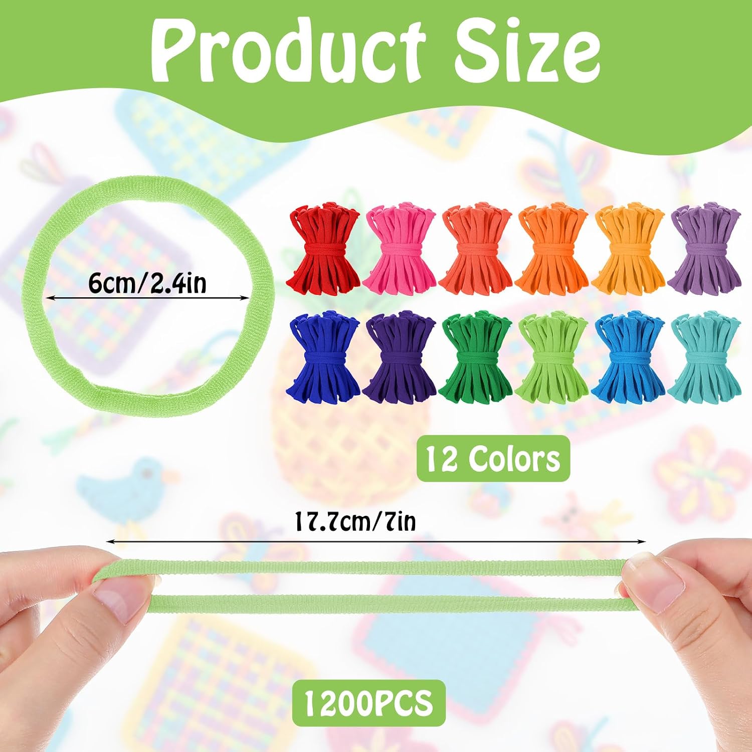 Oqqlin 1200 Pcs Weaving Loom Refill Loops, 7 Inch Potholder Loops PU Elastic Colorful Loom Rubber Bands Colorful DIY Weaving Craft Bands for Adults, Craft Enthusiasts (12 Colors)