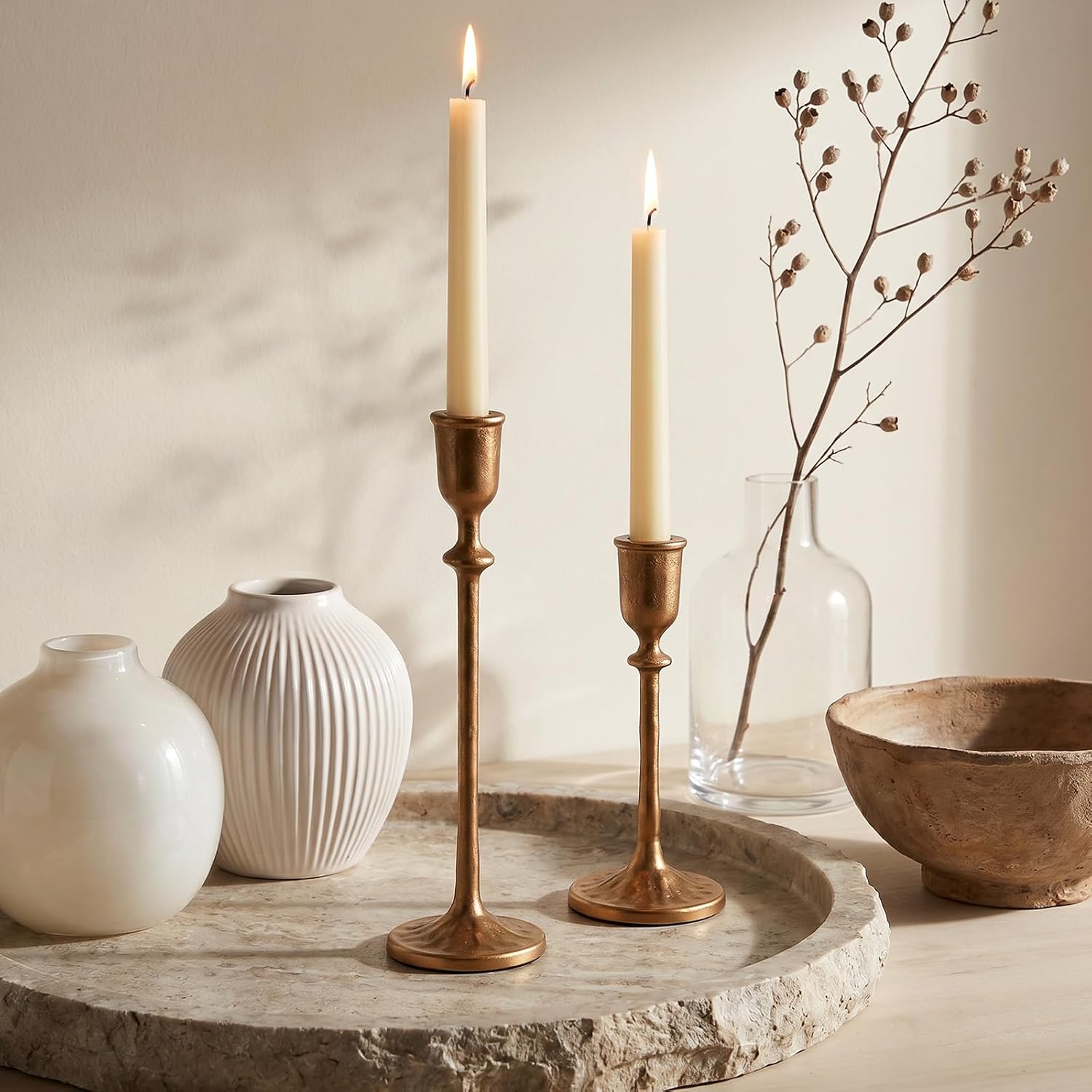 3Set Iron Taper Candle Holder, Brass Gold Metal Candlestick Holders
