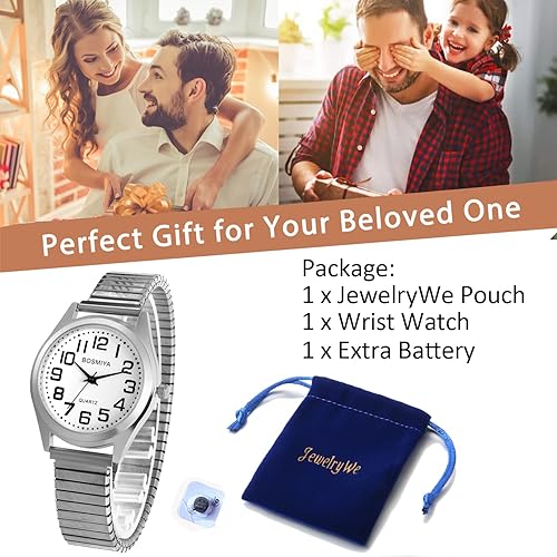 Miniatura 5 de JewelryWe Reloj de cuarzo para hombre con esfera grande, color dorado, plateado, banda elástica