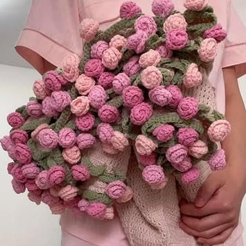 Crochet Flowers Bouquet Blanket, DIY Handmade Flowers Blanket, Soft and Lightweight Rose Bouquet Knitted Throw Gifts for Home Decor Mothers DayBicolor Pink Rose,23in