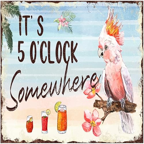 Calcomanías de arte de pared de It's 5 O'Clock Somewhere inspiradoras flores de loro, flamenco, playa, calcomanías de vinilo mural para sala de
