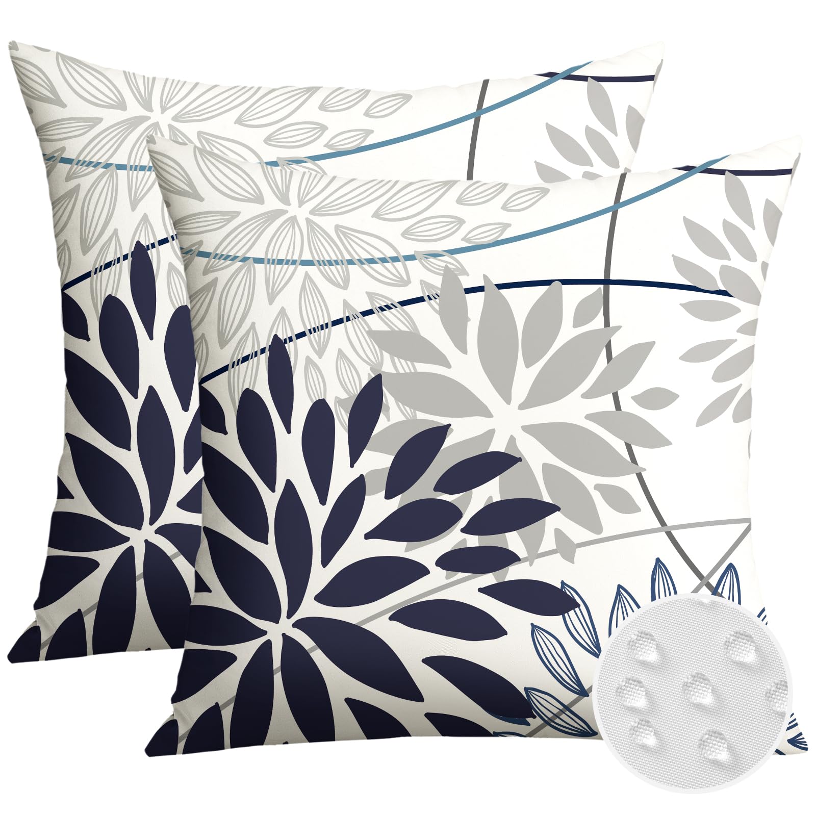 JOTOM Lot de 2 housses de coussin carrées imperméables et décoratives pour extérieur, patio, canapé, banc, tente, décoration intérieure - Motif floral bleu et gris - 40 x 40 cm