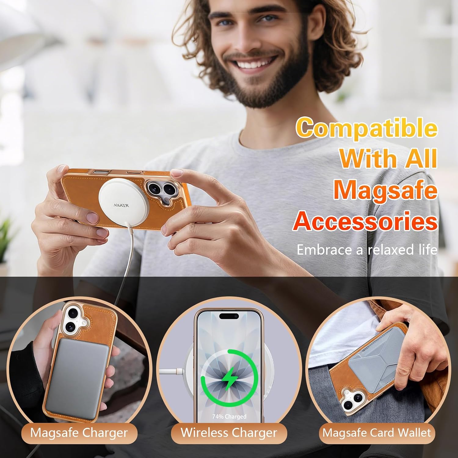 KECAKE for iPhone 17 6.3 Inch Case Luxury Leather Logo Visible Vintage Ultra Slim Protective Cover (13-Grey with Silver Trim) image 4