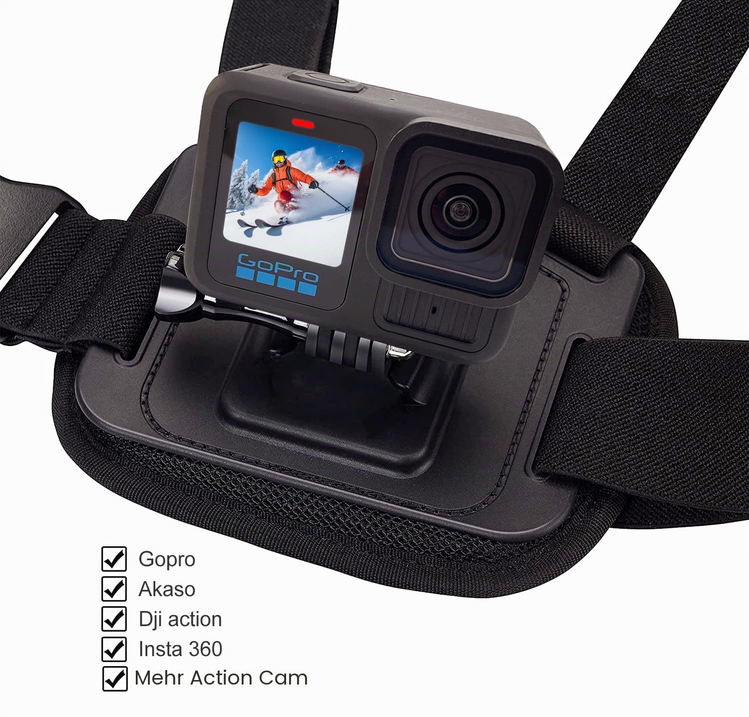 Suptig Brusthalterung, Verstellbarer Brustgurt, atmungsaktives Material, kompatibel mit Allen Gopro, Akaso, DJI Osmo und Anderen Action-Kameras, Schwarz
