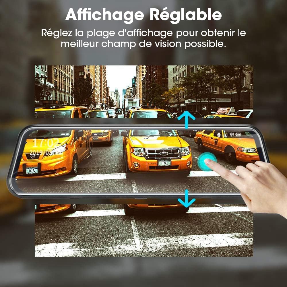 Jansite 10" Dashcam Voiture Rétroviseur Écran Tactile, Arrière et Avant Full HD 1080P Streaming Media DVR 170 ° Grand Angle de Vision Nocturne avec 10 Mètres de Câble