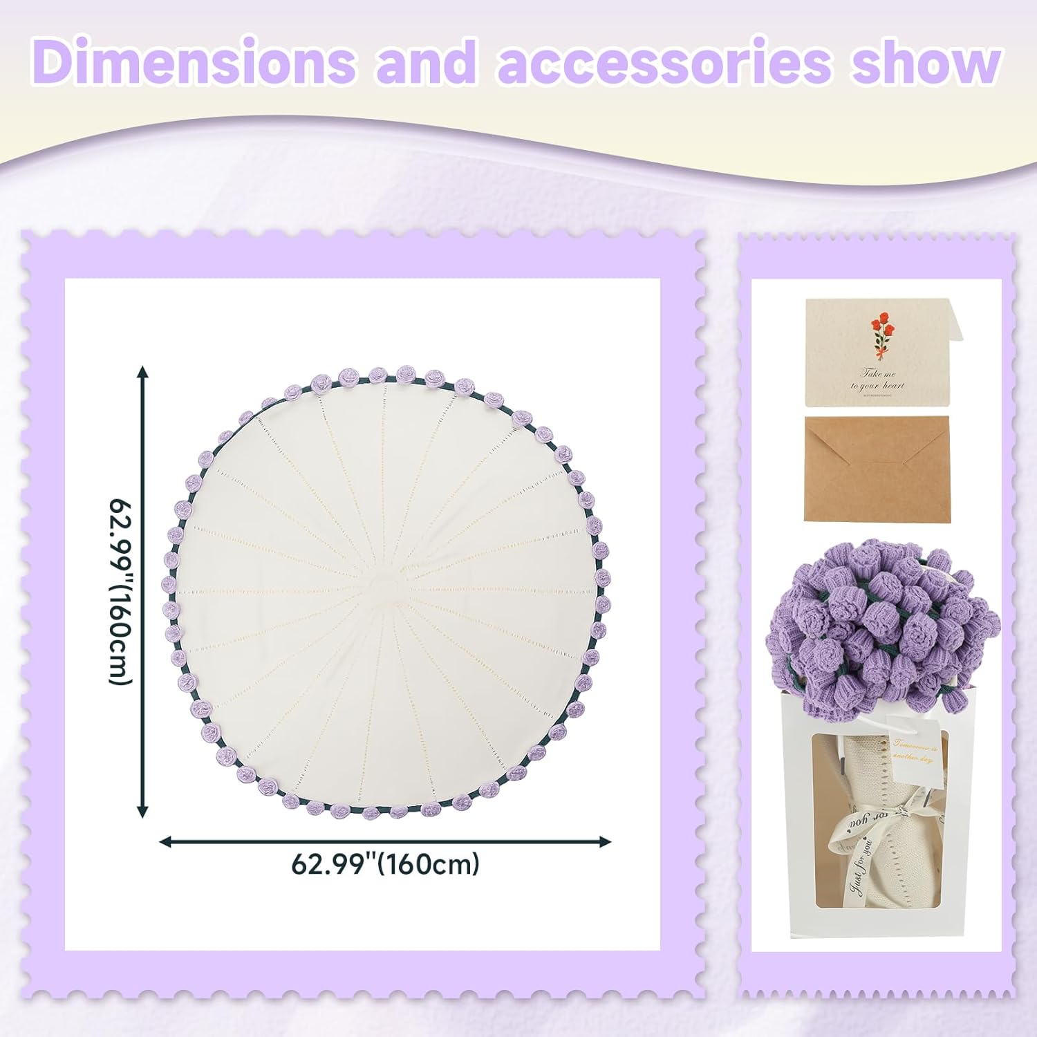 63 Inch Crochet Flower Bouquet Blanket, Handmade Knitted Blanket with 99 Rose Flowers, Ideal Gift for Mother's Day Birthday Wedding Anniversary for Women Mom, Wife, Girlfriend (Purple Rose)