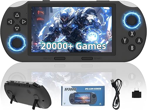 SF3000 Retro Gaming Console 64G, consola de videojuegos portátil precargada 20000+ juegos retro 14+ emuladores, pantalla IPS HD de 4.5 pulgadas,