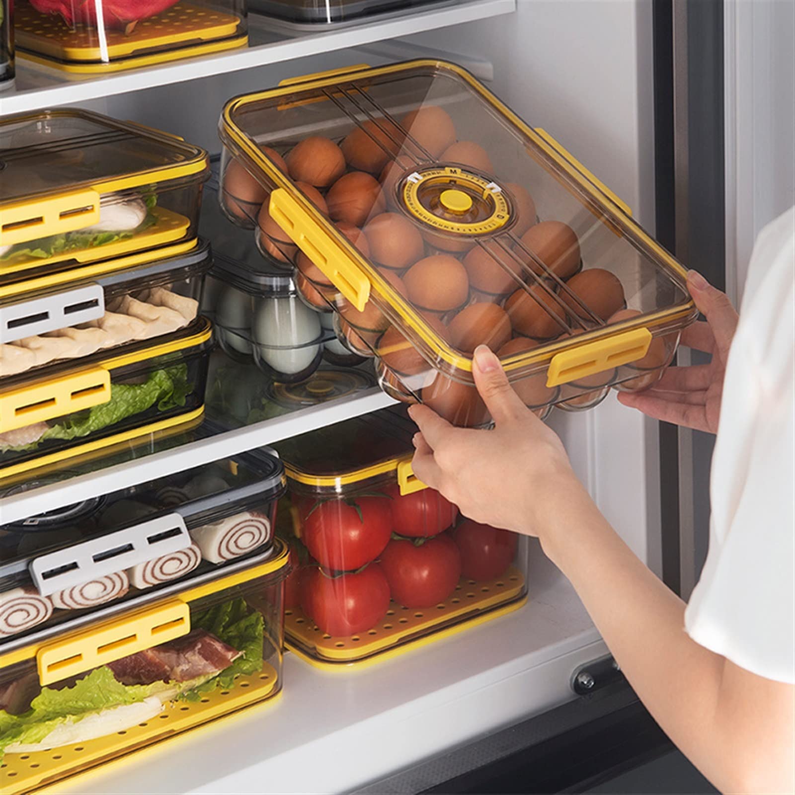 Cesta de Huevos Refrigerador de Cocina Soporte para Huevos Caja de Almacenamiento de Alimentos con Organizador de Tapa Caja de Almacenamiento de Bandeja(Caja de 18 Rejillas Amarilla)