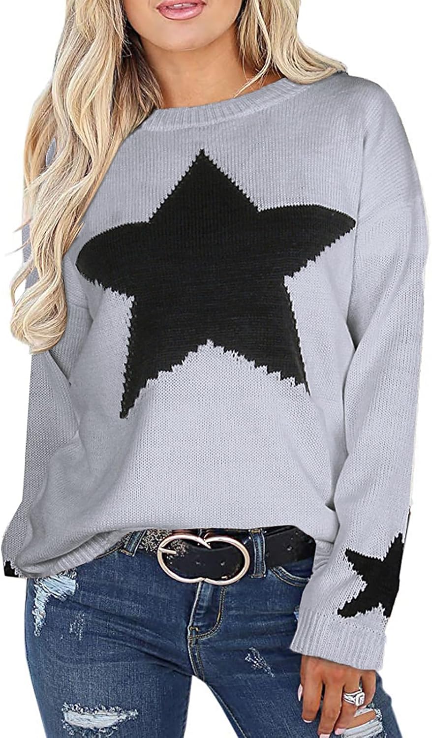 shermie Womens Star Graphic Sweaters Long Sleeve Crew Neck Casual Cable Knit Pullover Sweater
