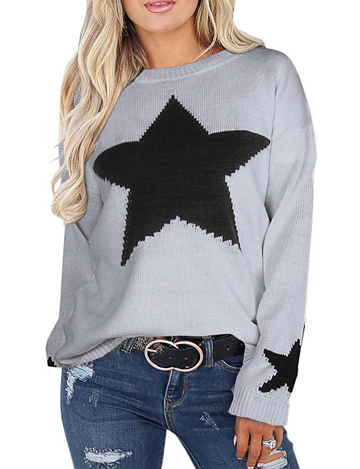 shermie Womens Star Graphic Sweaters Long Sleeve Crew Neck Casual Cable Knit Pullover Sweater