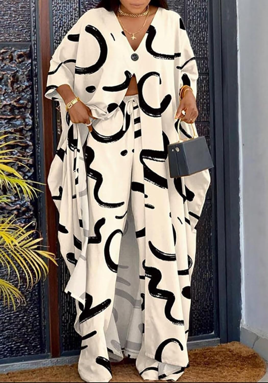 LROSEY Spring African 2 Piece Outfits Caftans for Women Floral V Neck Long Cardigan Cover Up Wide Leg Pants Sets Plus Size - Image 2