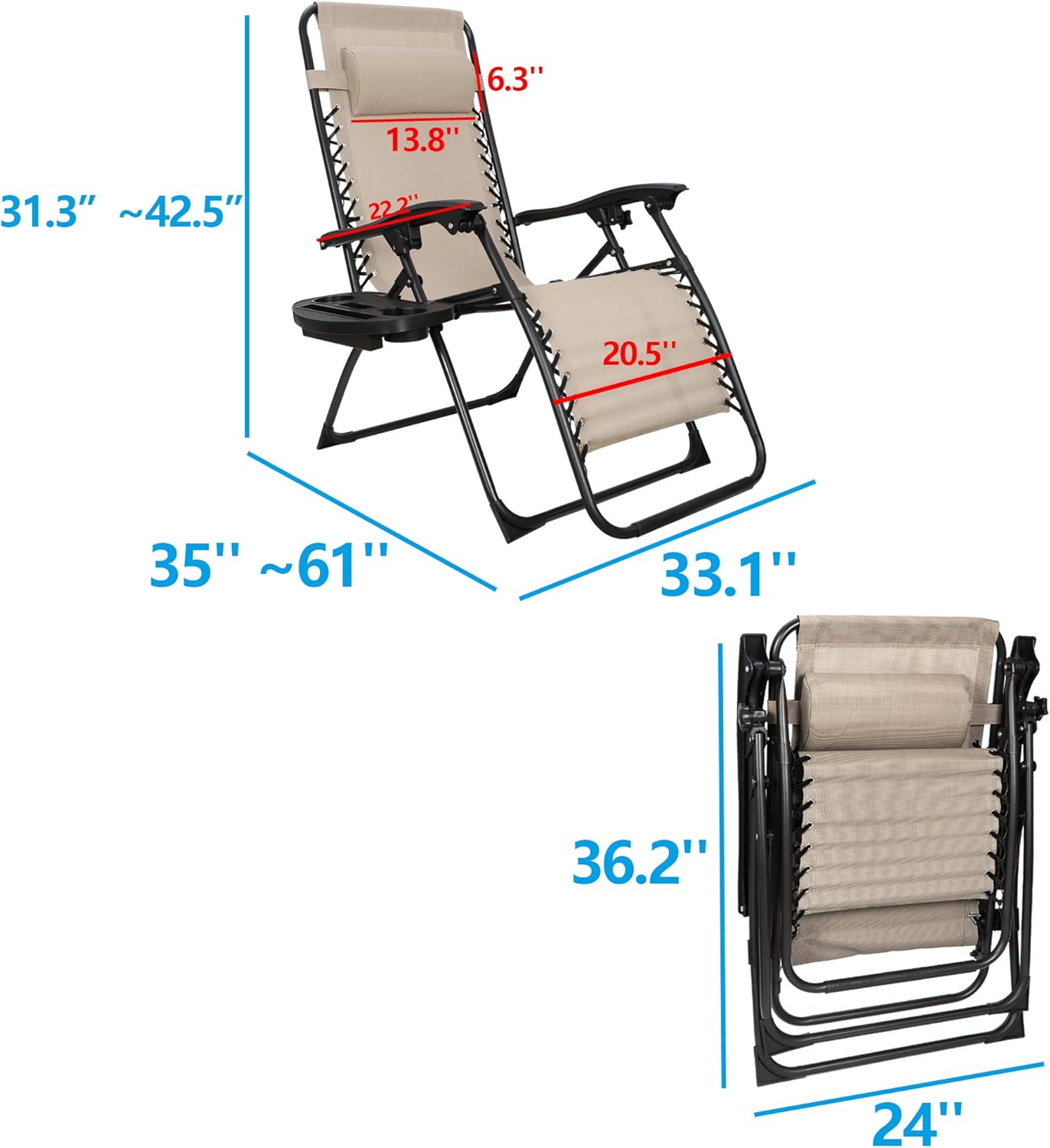 Set of 2 Foldable Zero Gravity Lounge Chair with Cup Holders for Patio, Pool or Outdoor, Support 330 Lbs, Brown Adjustable Recliners