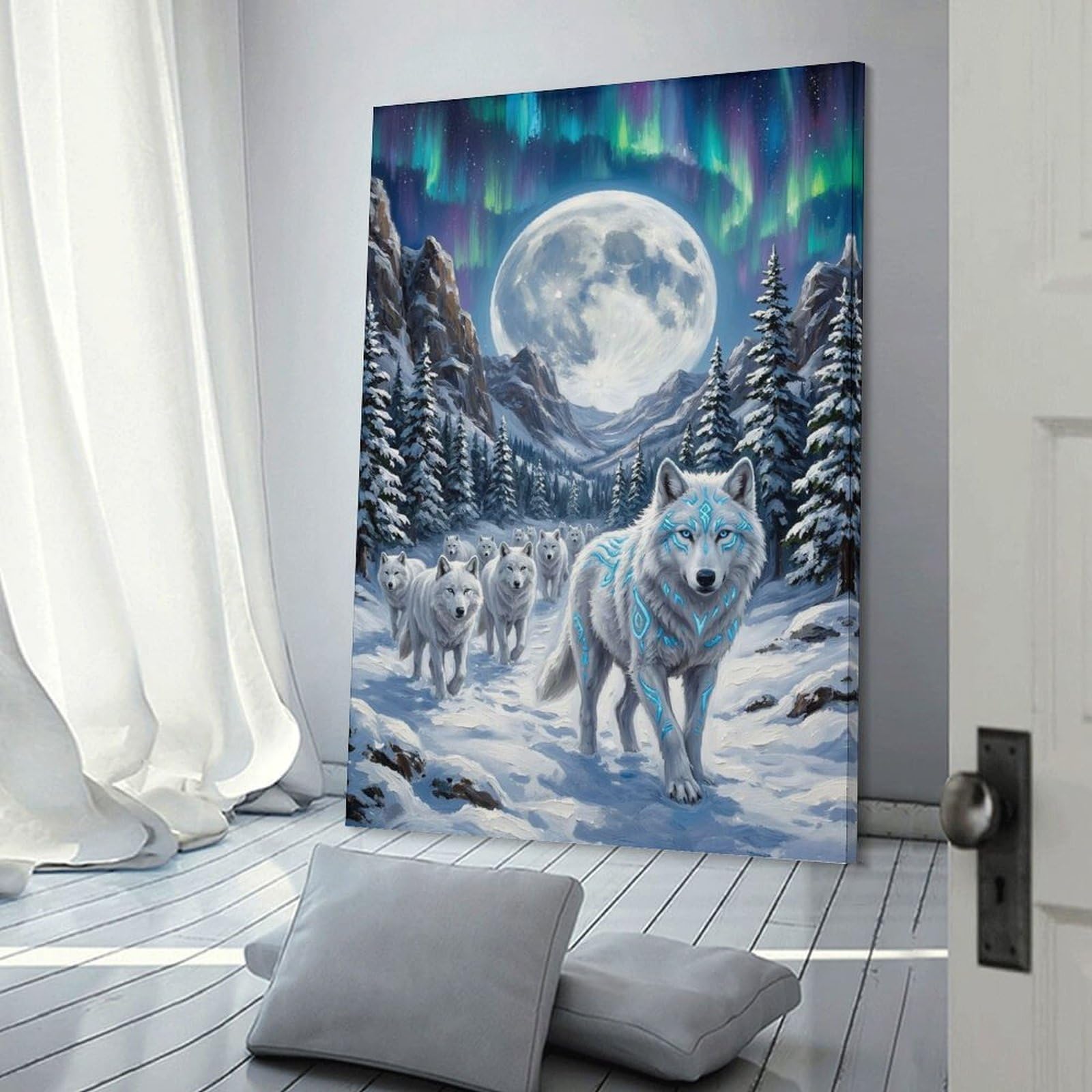 Junmoney Frame-Style-24-1 White Wolves Under Aurora Borealis Decorative Wall Artwork, 24X36inch(60X90cm), For Work Areas, Reading Rooms Or Studios, Wall Art That Adds Style To Work Areas
