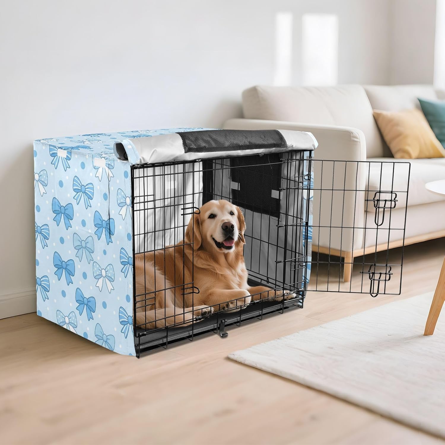 Duty 600D Silver Coated Dog Crate Cover, Water-Resistant Bow Print Pet Kennel Canopy with Mesh Windows for Optimal Ventilation, Universal Fit for Standard Wire Cage, Indoor & Travel