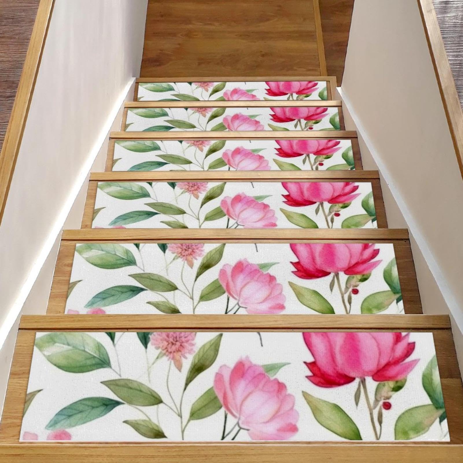 Peldaños de escalera de madera con alfombras antideslizantes rosa de 8x30" pack de 15