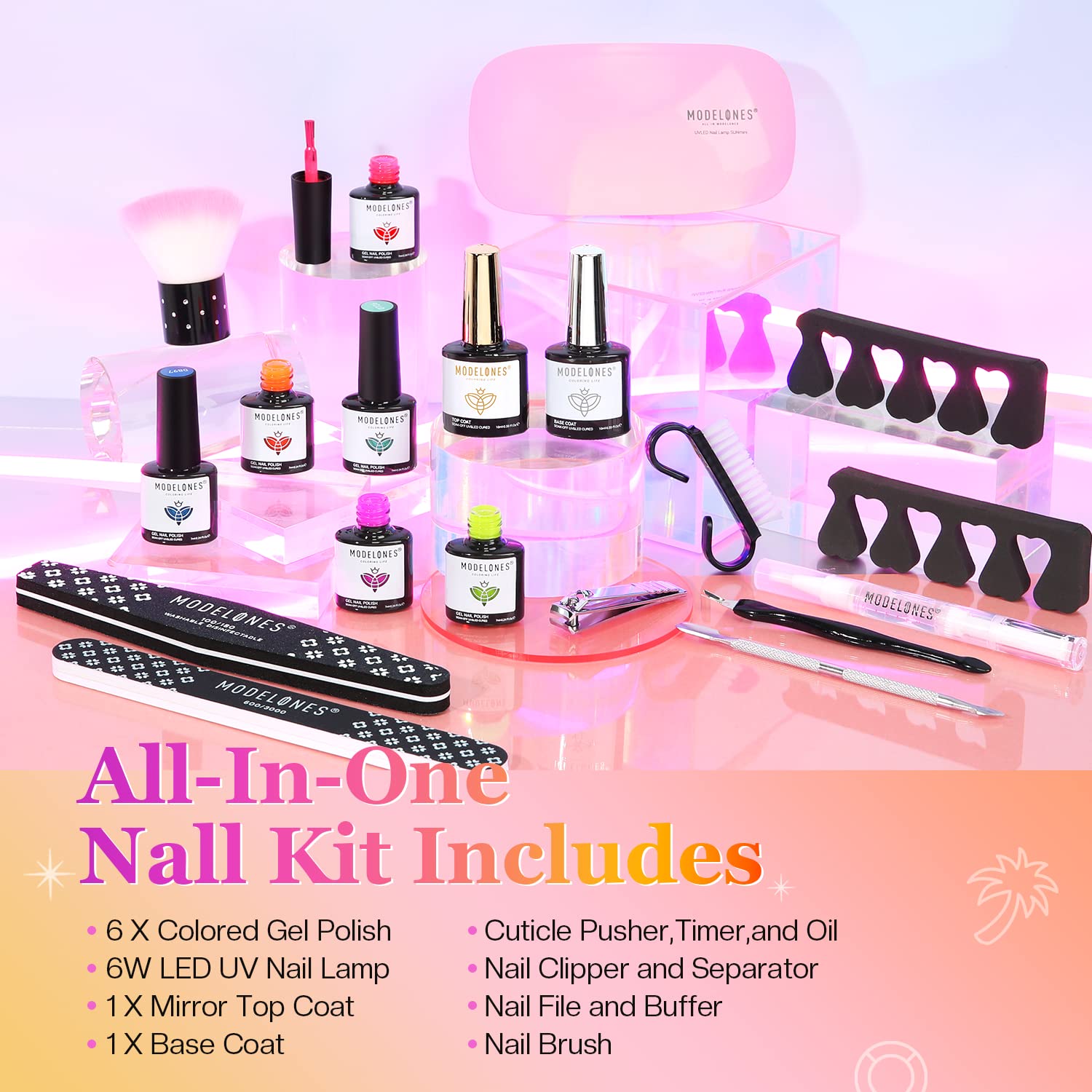 modelones Neon Gel Nail Polish Kit with U V Light 6 Colors Hot Pink Rainbow Spring Summer Gel Nail Polish Starter Kit with Mini Lamp/Base Top Coat/Manicure Tools DIY Nail Art Gifts for Women