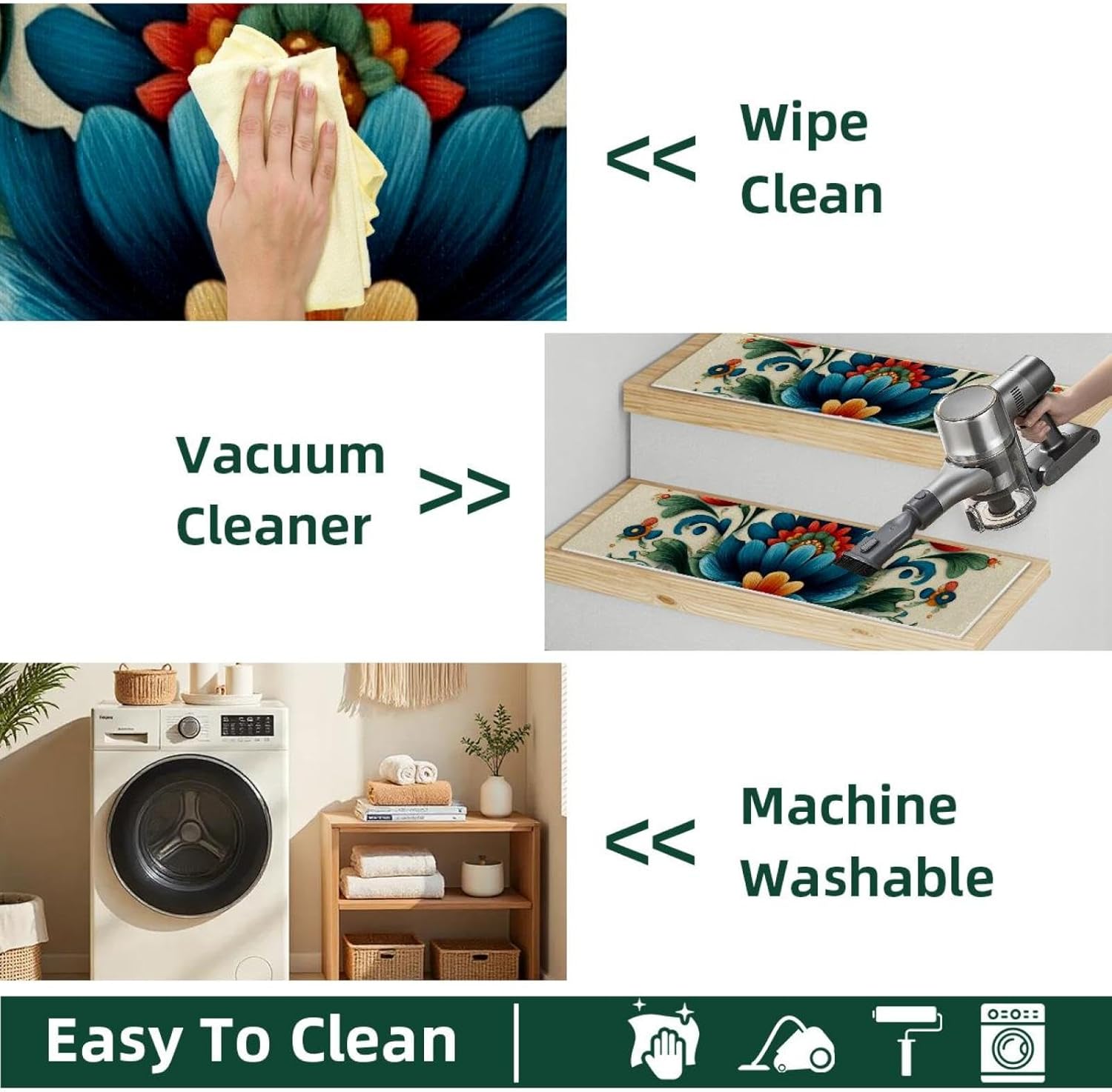 15 Pack Norwegian Rosemaling Folk Style Flower (88) Stair Treads,8" X 30" Non Slip Carpet Stair Treads Reusable Staircase Step Treads Carpet Treads for Wooden Steps Indoor