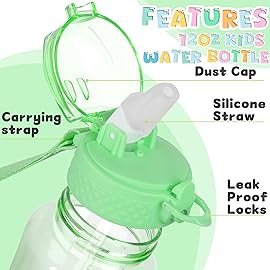 OLDLEY 12oz Kids Motivational Water Bottle for School Girls & Boys, Leak-Proof Tritan BPA-Free, Reusable Bottle with Silicone Straw, Pear