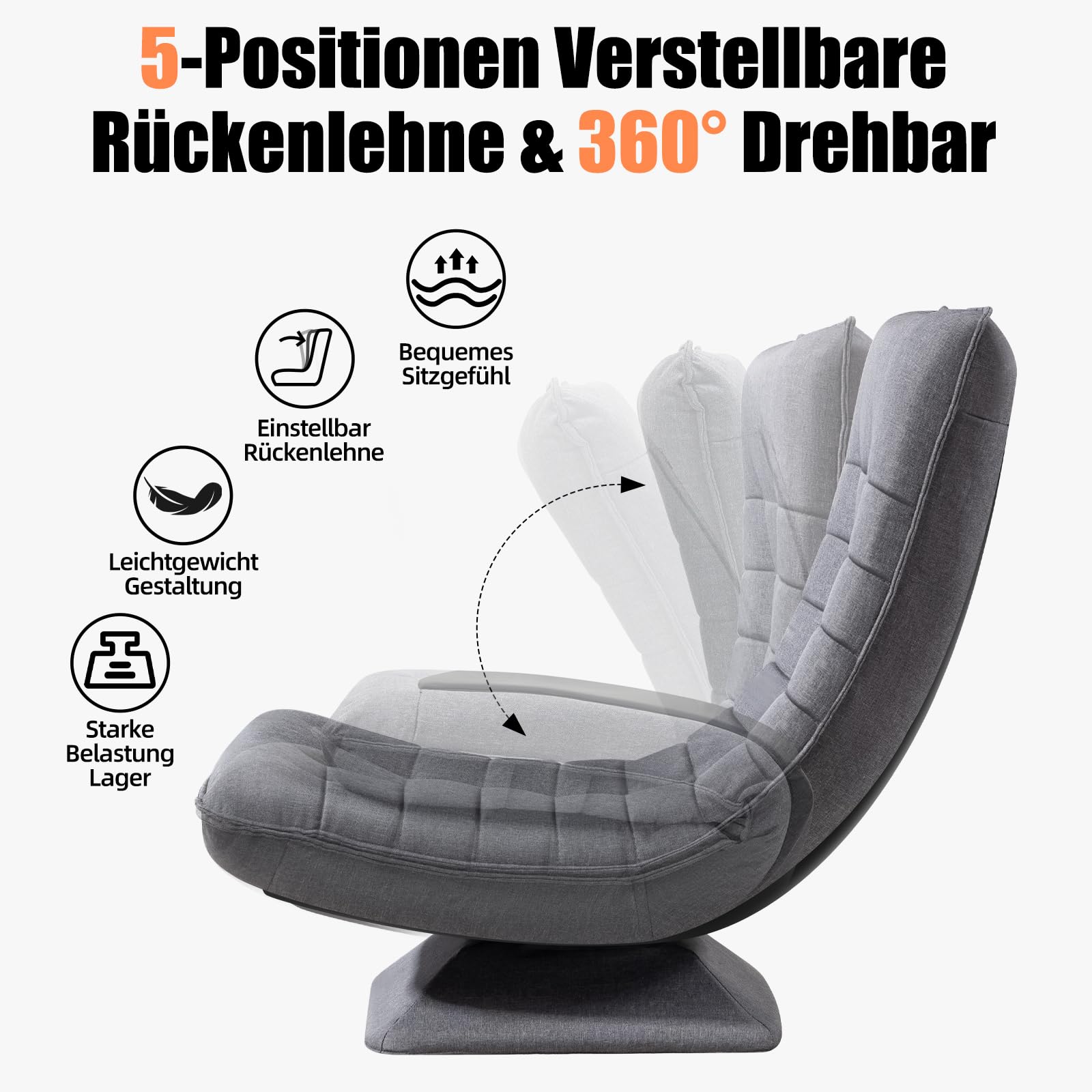 Sessel Wohnzimmer Bodenstuhl 360° Drehbar, Bodensessel mit Verstellbarer Rückenlehne, Bodensofa Klappbar, Lazy Sofa, Gaming Relaxsessel, 60x105x87cm, 150kg Belastbarkeit, Grau
