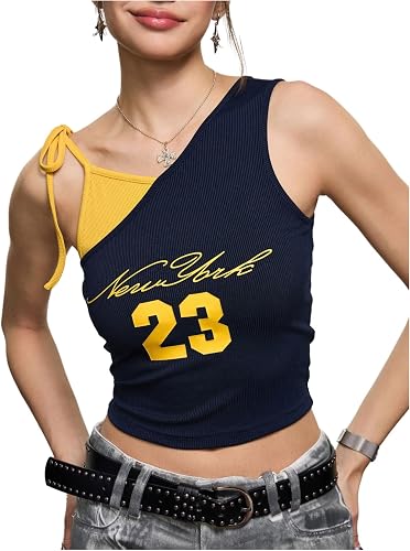 MakeMeChic Women's Asymmetrical Tie Shoulder Jersry Top Number Graphic Sleeveles