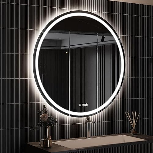 ROOMTEC Espejo de baño LED de 32 pulgadas con parte delantera y retroiluminada, antiniebla, 3 colores y luz regulable (certificación ETLUL)