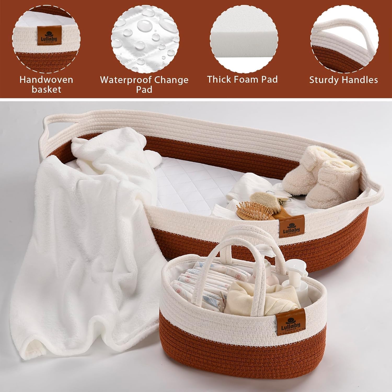 Baby Changing Basket, Baby Changing Pad with Diaper Caddy, 100% Diaper Changing Station for Baby, Cotton Rope Moses Basket, Changing Table Topper for Dresser (Rustic Red)