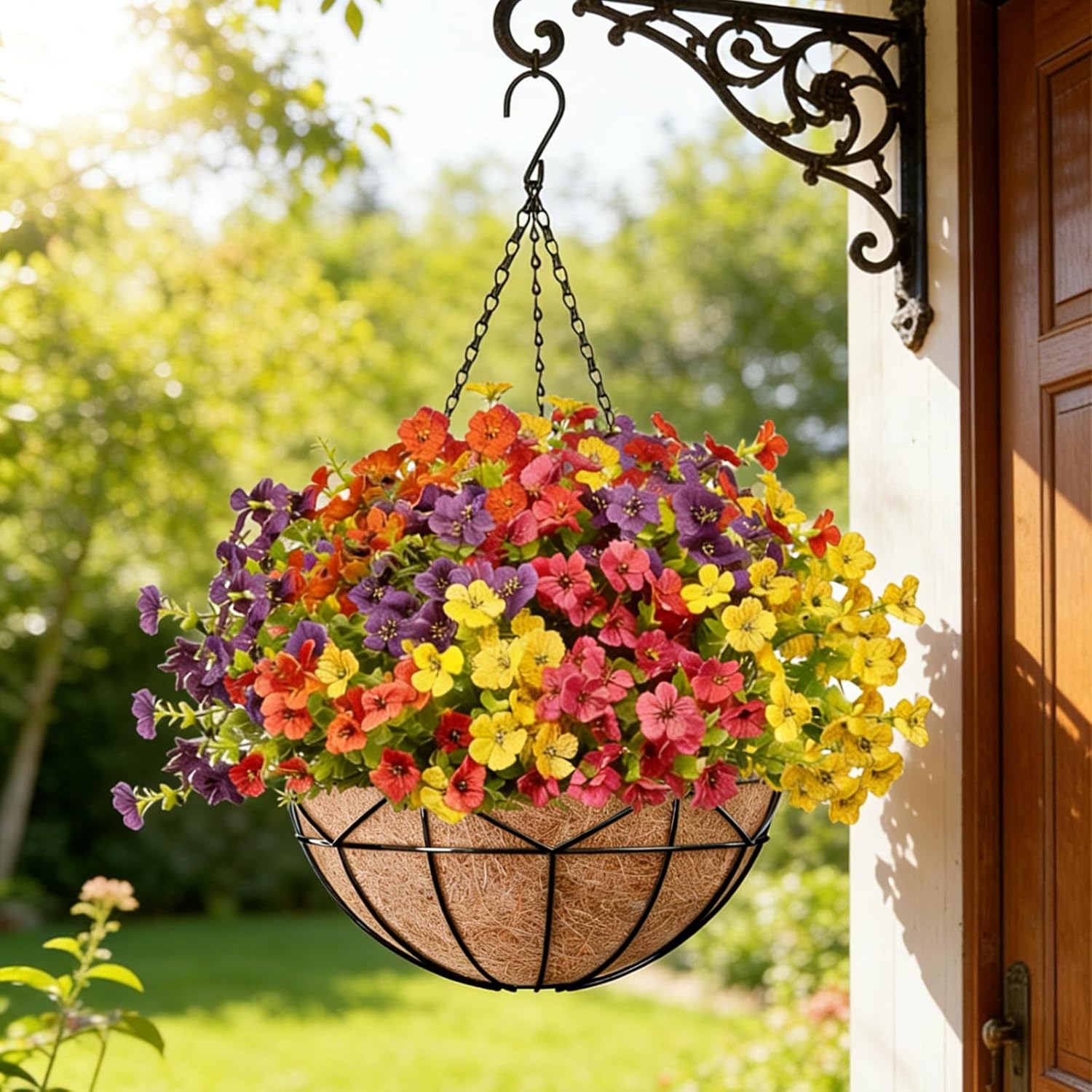 Halatool Hanging Baskets with Artificial Flowers, Sturdy Hanging Basket with Coconut Liner & 12 PCS Colorful Fade-resistant Faux Flowers for All Season Home Decor Porch Patio Balcony Yard Gift for Mom