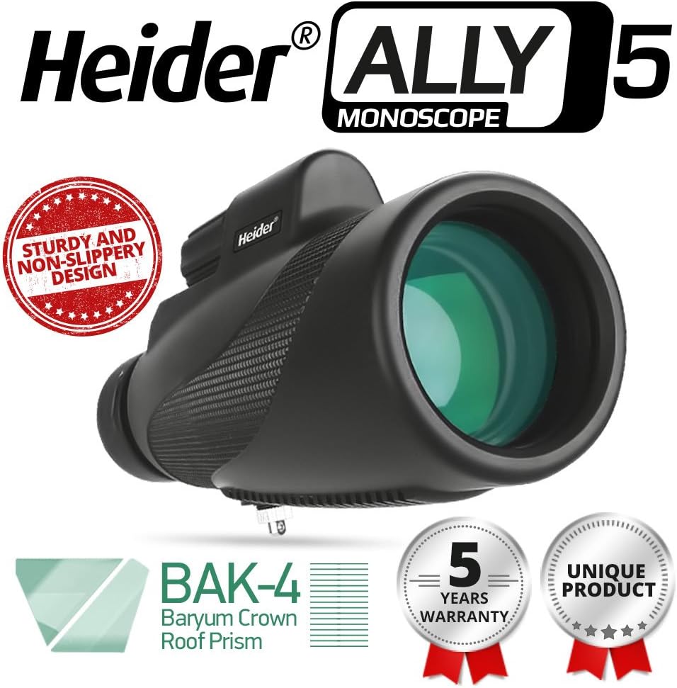 Heider Ally5 Monoscope 12x50 Compact Monocular Scope Waterproof, Fogproof - Zoomable Optic - Hunting Accessories - Bright and Clear - for Bird Watching or Wildlife - Maximize Your Observation Skills!
