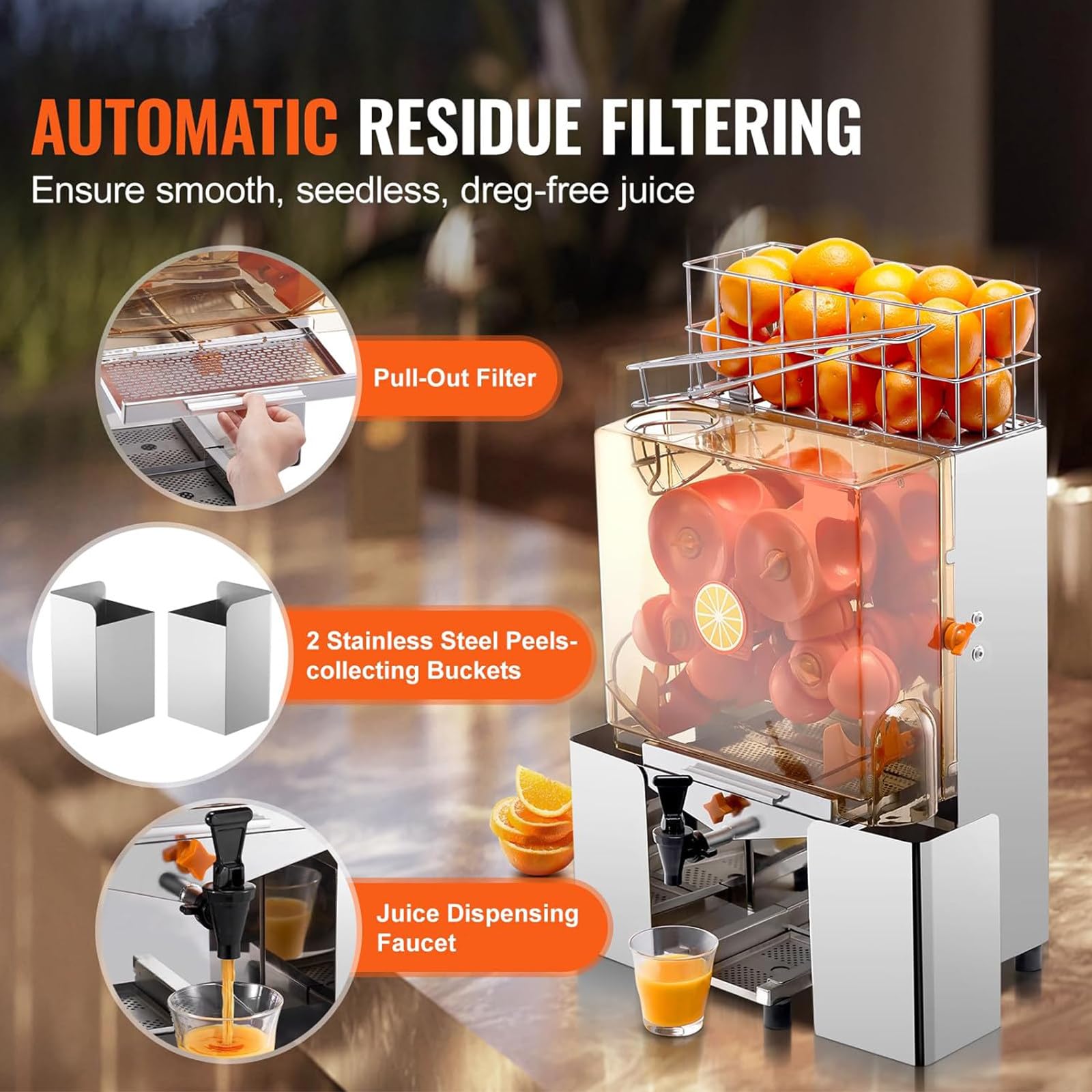 Machine à jus d'orange automatique commerciale,Avec robinet,Presse-agrumes automatique acier inoxydable,pouvant presser 20 oranges par minute,avec boîte filtre extractible,2seaux récupération