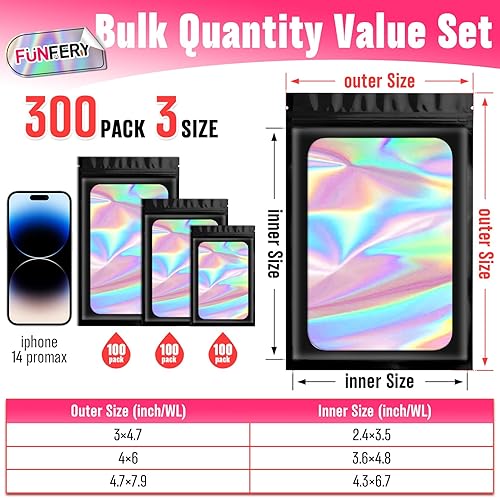 Miniatura 2 de Funfery Paquete de 300 bolsas holográficas de Mylar de 3 tamaños con ventana transparente, bolsas resellables, a prueba de olores, bolsas de papel