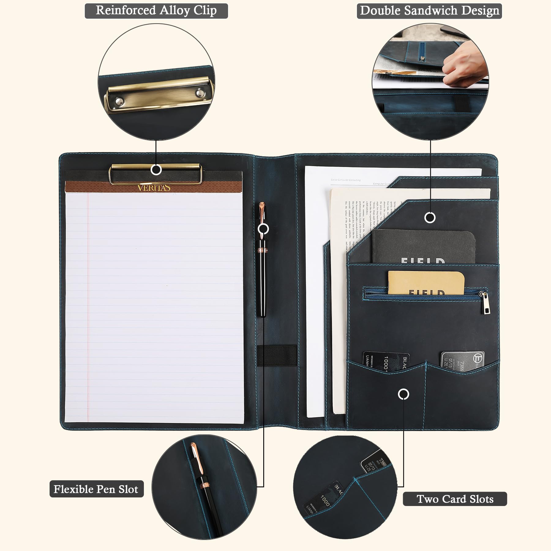 Portfolio-Mappe aus echtem Leder, für Linkshänder, Business-Organizer, Lebenslauf-Ordner, A4-Dokumentenmappe, Rechtsblock-Padfolio für Damen und Herren